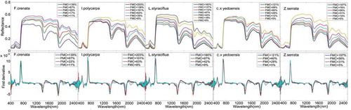 Figure 1. Variations in reflectance and first-derivative reflectance for green leaves of different plant species attributed to progressive dehydration within 36 hours.