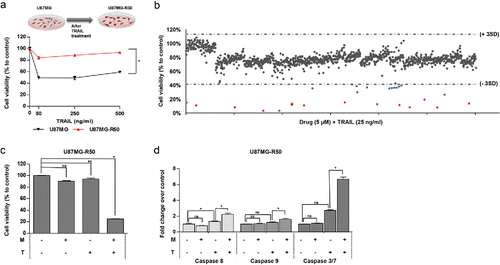 Figure 4. The effect of Mitoxantrone on TRAIL-resistant subpopulation, U87MG-R50. (A) The difference of U87MG cells and U87MG-R50 cells response to different doses (50, 250 and 500 ng/ml) of TRAIL. (B) Scatter plot of U87MG cell viability upon 24 hours of treatment with drug library composed of 1200 compounds and TRAIL together. Each dot represents the combinatorial effect of the individual drug (5 µM) and TRAIL (25 ng/ml) on cell viability compared to untreated control samples. Horizontal dashed lines depict the range of viability within 3 SD of the mean viability (41% and 113%). Red and blue dots indicate the combination effect below the threshold of 3 SD from the mean cell viability. (C) The effect of Mitoxantrone (500 nM) and/or TRAIL (50 ng/ml) on U87MG-R50 cells. (D) Detection of Caspase-8, −9 and −3/7 activity levels of Mitoxantrone and/or TRAIL treated U87MG-R50 cells. * indicates p <0.05 and ns indicates nonsignificant (p>0.05).