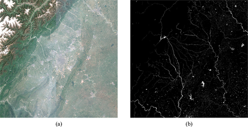 Figure 6. One Sentinel-2 image used for ablation experiments. (a) Sentinel-2 image obtained after band fusion (B2, B3, B4 and B8 for the B, G, R, and NIR bands, respectively). (b) Ground truth of the water body, with water in white and the background in black.