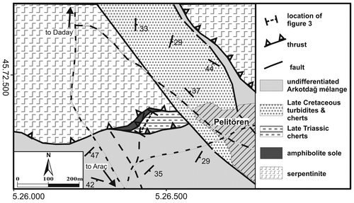 Figure 2. Local geological map of the Pelitören area with the location of the Middle and Late Triassic radiolarian chert block within the Arkotdağ mélange.