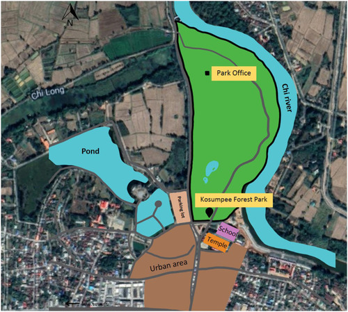 Figure 1 Geographical location of study area; Kosumpee Forest Park in Kosum Phisai district, Maha Sarakham province, Northeast Thailand (from Google Earth).