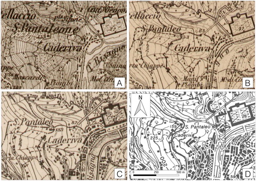 Figure 6. The urban area evolution around the Staglieno Monumental Cemetery from the 1:25,000 scale topographic map of the Italian Military Geographic Institute dated back to 1878 (A), 1907 (B), 1934 (C), and from the Regional Technical Map of the Regione Liguria dated back to 1995 (D). In (D), on the southern side of the cemetery, it is possible to observe the upstreammost culverted reach of the Bisagno stream, that was realized in the second half of twentieth century.