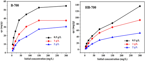 Figure 8. Effect of adsorbent dose on the adsorption capacity of the CV dye (Co = 5–300 mg/L, t = 240 min, 15 ± 1°C, and m/V = 0.5, 1 and 2 g/L).