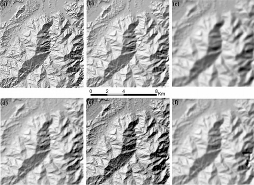 Figure 3. Comparison of shaded relief maps of reference global DEMs: (a) reference DEM (5 m resolution); (b) reference DEM (30 m resolution); (c) reference DEM (90 m resolution); (d) GDEM Version 1; (e) GDEM Version 2; and (f) SRTM Version 4.1. All images locations are shown in Figure 1D.