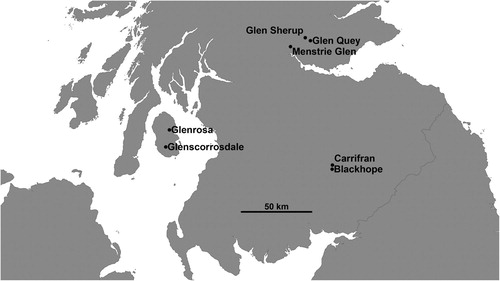Figure 1. Locations of study areas within central and southern Scotland.