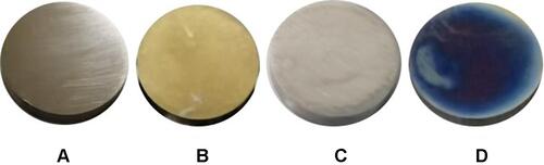 Figure 1 The surface appearance of the CoCrMo alloy after coating. (A) CoCrMo; (B) CoCrMo/GO, (C) CoCrMo/ε-PLL, and (D) CoCrMo/GO/ε-PLL.