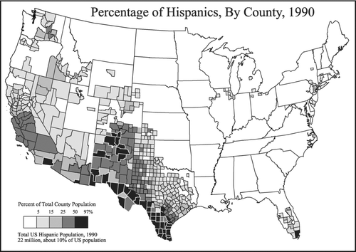 Figure 1 U.S. Hispanic population by county, 1990.