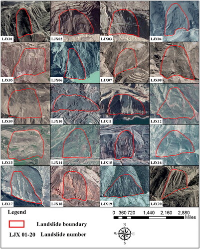 Figure 8. The optical imagery of the detected twenty unstable slopes.