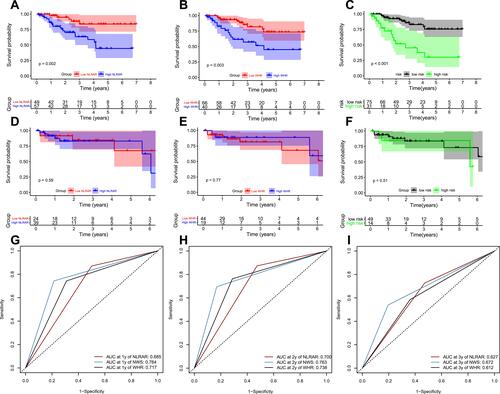 Figure 4 Subgroup analyses for inflammation markers in HCC patients undergoing hepatectomy stratified by different tumor stages. (A–C) Kaplan-Meier survival curves for overall survival rates at tumor stage I. (D–F) Kaplan-Meier survival curves for overall survival rates at tumor stages II–III. (G–I) Receiver operating characteristic curve analysis for the determination of 1-, 2- and 3-year overall survival rates at tumor stage I.