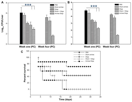 Figure 8 Archaeosome-encapsulated SAgs exhibit better protective effect against L. monocytogenes challenge in BALB/c mice. The bacterial load in the (A) liver and (B) spleen of vaccinated mice belonging to various groups was enumerated by plating their liver and spleen homogenates and counting the numbers of CFUs at 1 and 4 weeks post-challenge. The animals from various vaccinated groups were challenged with 1 × 107 CFU, thereafter they were monitored for a period of 1 month. (C) Data are represented here in terms of percentage survival.Notes: The data are expressed as means of three determinants ± SD and are representative of three independent experiments. Statistical analysis was performed by analysis of variance with the Holm–Sidak method (all pairwise multiple comparison procedures) to compare the significance between the two groups. ***P < 0.001 value was considered significant.Abbreviations: CFU, colony-forming unit; SAgs, secretory protein antigens; PBS, phosphate buffer saline; SD standard deviation.