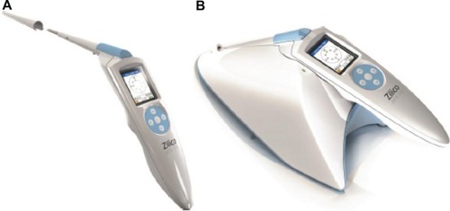Figure 2 The electrical impedance spectroscopy measurement device.Notes: (A) Handheld unit with single-use sheath. (B) Handheld unit on base station. The device is operated via a small mobile phone-type display screen and toggle buttons mounted in the handle of the device.