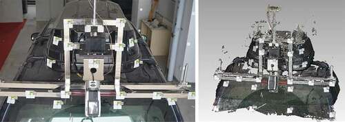 Figure 4. 2D image and point cloud model of MMS: (a) The 2D image of MMS is taken by digital camera, which can be used to generate refined 3D point clouds. (b) The point cloud model of MMS generated by 2D image, that could well reflect the spatial relationship of each sensor in MMS