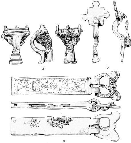 Figure 16. Dress-accessories from Mucking, Essex, grave 987. a: supporting-arm brooch; b: trefoil-headed small long brooch; c: type 1B buckle. After Hirst and Clark (Citation2009). Reproduced with permission. Scale 1:1.