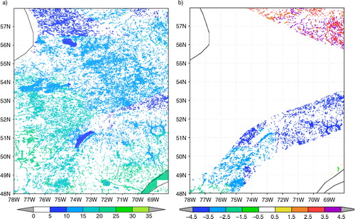 Fig. 9 Lake surface water temperature, °C, for the second decade of August, if the lake depth is extracted from: left GLDBv.2 (a), and the difference, if the lake depth from GLDBv.1 is used (b).