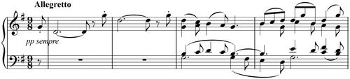 Example 1. Stanford, ‘Irish Dances,’ op. 89, no. 3, bars 1–4. Transcribed by the author from Additional Manuscript 4136, Royal College of Music (London). Reproduced with permission of the Royal College of Music, London.
