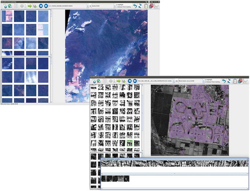 Figure 11. GUI interface of Image Mining (Top): Interactive interface to retrieve images belonging to the categories that exist in a collection (e.g., Smoke). The upper left half shows relevant retrieved patches, while the lower left half shows irrelevant retrieved patches. The large GUI panel on the right shows the image that is being worked on, and which can be zoomed. (Bottom): The same interactive interface, but in this case, the users can verify the selected training samples by checking their surroundings as there is a link between the patches in the upper left half and the right half. Here, the magenta color on the big quick-look panel shows the retrieved patches being similar to the ones provided by the user. The user can also see the selected patches selected by him/her as relevant and irrelevant patches (bottom part of the GUI)