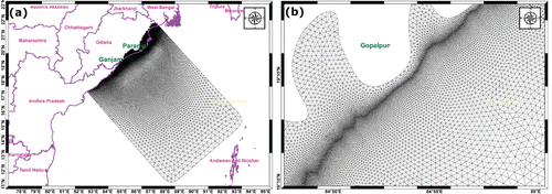 Figure 2. (a) Flexible unstructured mesh of the study area, (b) Enlarged view of figure 2a near Gopalpur where Phailin made landfall.