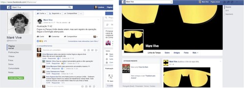 Figure 4. On the right, the fake Maré Vive page, with references to Batman and, on the left, the real Maré Vive page with an illustration of Dona Orosina, one of Maré first residents, as its profile picture.