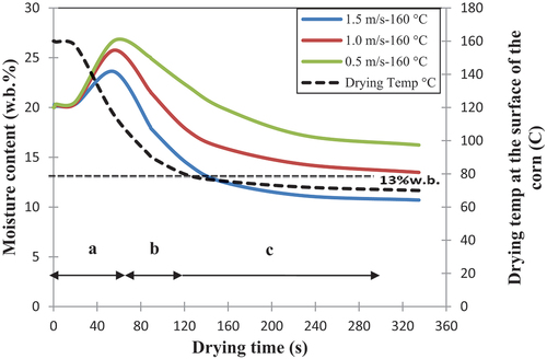 Figure 7. Predicted moisture content and drying temperature at superheated steam velocities at 160 ºC.
