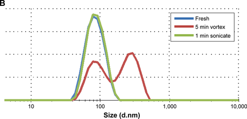 Figure S3 Hydrodynamic size evaluation of lyophilized nanoparticles.Notes: All values were normalized against those of freshly made material from the same batch. The nanoparticles were lyophilized at 10 mg/mL in the presence of 5% w/w trehalose (to nanoparticles) and 0.1 M Tris buffer pH 7.4. (A) Hydrodynamic size after reconstitution by vortexing or sonication at a specified time. (B) Hydrodynamic size distribution of reconstituted nanoparticles.