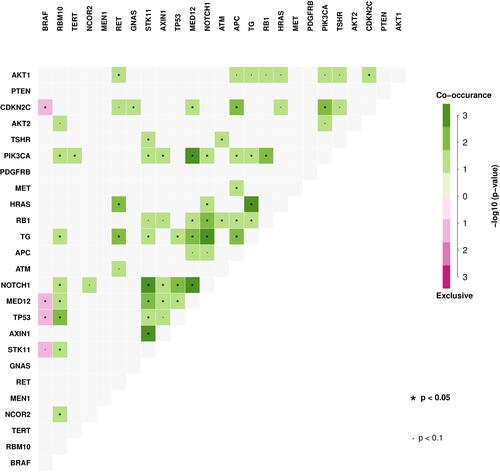 Figure 7 Overview of mutational mutual exclusion and co-mutation. *Means p < 0.05, Means P < 0.1.