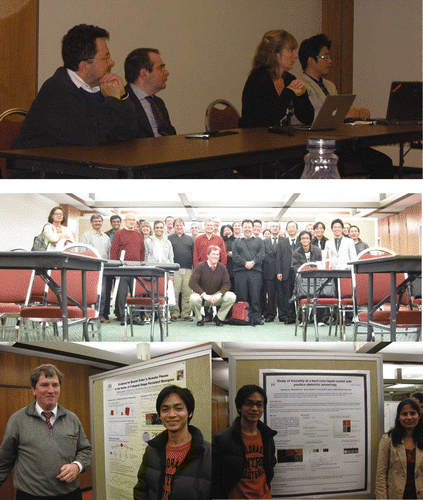 Figure 2. Top: Discussion session – from the left: L. Longa, E. Virga, H. Gleeson, M.S. Park. Middle: Participants of the biaxial symposium. David Allender, the organiser, standing in the middle. Bottom: Poster sessions.