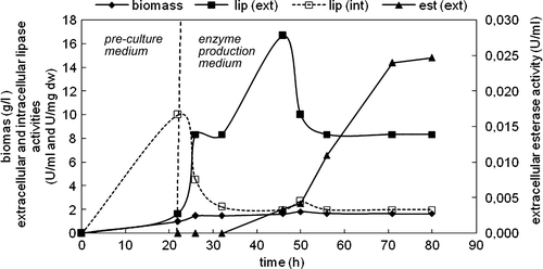 Figure 8.  Variations in biomass, extracellular and intracellular enzyme concentrations with time in the cultivation of C. rugosa (two-step inoculation; carbon source: 3 g/l oleic acid; T = 30°C; N = 150 rpm).