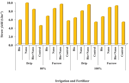 Figure 4. Combine Effect of irrigation method and fertilizer type on straw yield (t ha-1).