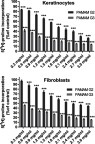 Figure 1 Effect of dendrimers (PAMAM) on collagen biosynthesis in keratinocytes and fibroblasts. The cells were subjected to various concentrations of dendrimers (0.3 mg/mL, 1.5 mg/mL and 3.0 mg/mL) for 24 h. Values represent the mean (% of the control)  ±  SD of six experiments. The asterisk (*) indicates statistically significant differences compared with the untreated control. ***p<0.001 vs the control group.