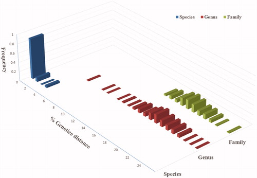 Figure 2. Genetic distances among haplotypes within species, among species within genera, and among genera within families.