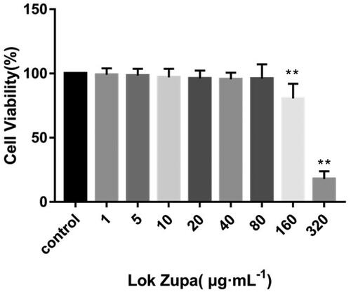 Figure 1. Effect of Lok on viability of BEAS-2B cells. BEAS-2B cells were seeded in 96-well plates and stimulated with Lok at concentrations of 0, 1, 5, 10, 20, 40, 80, 160 and 320 µg/ml for 48 h. The cell viability was measured by CCK-8 assay. The obtained data were expressed as mean ± SD. n = 3, *p < 0.05, **p < 0.01, vs. con.