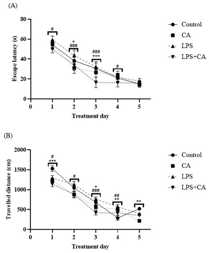 Figure 2. Behavioral assessments following treatment with CA extract on LPS-induced animals. (A) Comparison of escape latency (s) in reaching the hidden platform; (B) traveled distance (cm) by rats during the five days of training between four groups, data are presented as mean ± SEM (n = 6 in each group). Centella asiatica group (CA), lipopolysaccharide group (LPS) and lipopolysaccharide + Centella asiatica group (LPS + CA). *p < .05, **p < .01, ***p < .001 vs. control group. #p < .05, ##p < .01, ###p < .001 vs. LPS group.