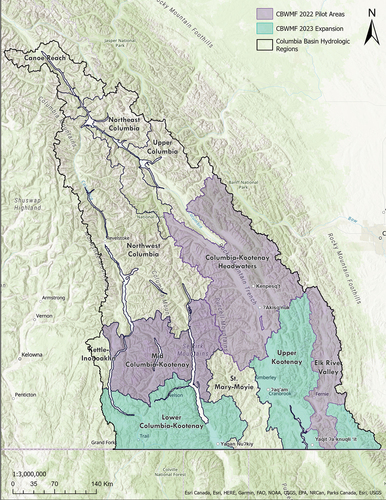 Figure 3. The Canadian Columbia Basin with CBWMF 2022 pilot areas of interest shown in purple and 2023 expansion areas of interest shown in blue.