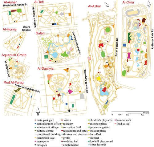 Figure 1. Spatial layouts of the nine case study public parks in Greater Cairo. For colour illustrations, please refer to the electronic version of the article.