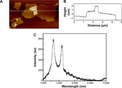 Figure S1 Characterization of GO.Notes: (A) AFM images of GO sheets on mica surface. (B) Height profile of the AFM image. (C) Raman spectrum of GO.Abbreviations: AFM, atomic force microscopy; GO, graphene oxide.
