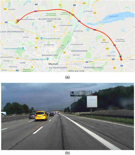 Figure 2. (a) Map of the test route on the A99 in Munich (Google Maps Viewed May 17, Citation2018) and (b) picture of the basic freeway section.Note: An early version of the figure was presented in Varotto et al. (Citation2017).