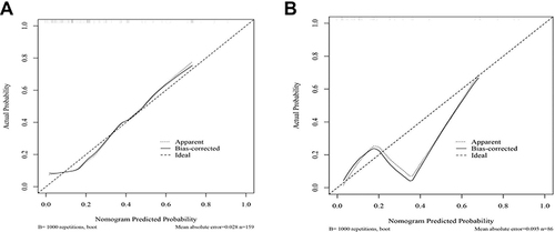 Figure 5 Calibration plots for the predicted and observed overall risk of the nomograms in (A) the training group; (B) the external validation group. The x-axis demonstrates the nomogram-predicted probability, and the y-axis shows the actual observed probability.