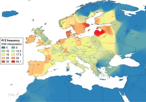 Figure 1 Distribution of Pi*Z frequencies in Europe (×1,000).Abbreviation: IDW, inverse distance weighted.