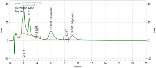 Figure 1 Chromatogram of Myricetin and Quercetin by HPLC at 255 nm wavelength.