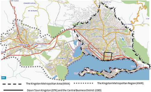 Figure 2. The spatial association between the Kingston metropolitan region (KMR), the Kingston metropolitan area (KMA) and the Downtown Kingston central business district (DTK–CBD). Source: Base map from Google Earth and overlay by research