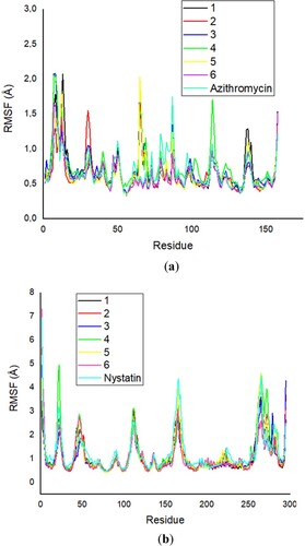 Figure 20. a) The RMSF values of Escherichia coli with its ligands. b) The RMSF values of with Aspergillus flavus its ligands.