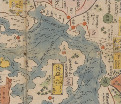 Fig. 1. Detail of Ishikawa Ryūsen’s Nihon kaisan chōrikuzu 日本海山潮陸圖 (Map of the sea and mountains, tides and lands of Japan), 1691 edition published by Sagamiya Tahē 相模屋太平, Library of Congress (LOC), Geography and Map Division, G7960 1691 .I7. Hand-coloured woodblock print on paper. 81 × 171 cm. The section shows the southern coast of Honshu Island around Osaka Bay, including the north-eastern tip of Shikoku and Awaji Island. Route lines connect harbours and islands and are annotated with the distance in ri for each segment. Image in the public domain, courtesy of the LOC.