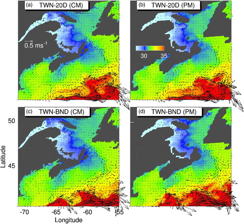 Fig. 10 Comparison of five-day mean near-surface (9 m) salinity and currents simulated by the CM (left panels) and PM (right panels) over the CM domain on 17 July 2004 for (a) and (b) TWN-20D and (c) and (d) TWN-BND. Velocity vectors are plotted at every sixth child model grid point.