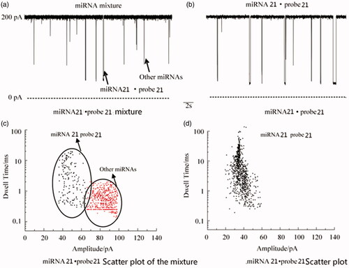 Figure 6. Nanochannels detection of miRNA 21.probe 21 in the presence of other miRNAs and the corresponding scatter diagrams.