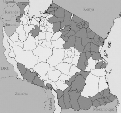 Fig. 4 Districts with seropositive cases for PPR, indicated in dark grey. Districts were sampled during a nationwide surveillance in 2008–2013; in one district (Mwanza), surveillance was done independently by a zonal veterinary center at the end of 2012. Source: Department of Veterinary Services, Tanzania.