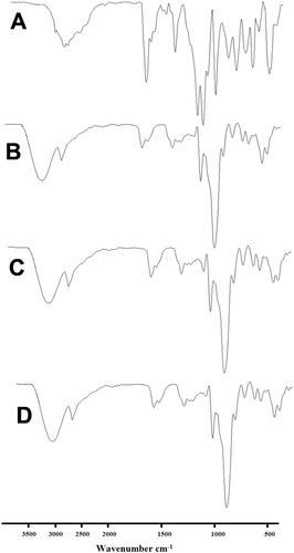 Figure 8. FTIR spectra of (A) EM per se, (B) β-CD per se, (C) physical mixture, and (D) inclusion complex.