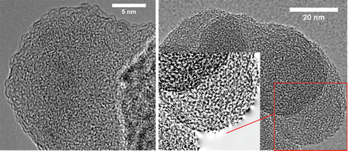 Figure 8. HRTEM micrographs of soot sampled without laser heating (left image) and with laser heating (right image). The red boxed region in the right image has been magnified, converted into a binary image, and then sharpened and is displayed within the image on the right.
