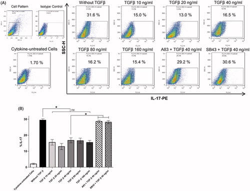 Figure 2. IL-1β, IL-6, and IL-23 – but not TGFβ – are required for optimal in vitro differentiation of human CD4+ TH17 cells. (A) Flow cytometric dot-plot analysis of intracellular IL-17 expression by CD4+ T-cells. Representative data of five independent experiments (i.e. PBMC from five different donors) are shown. (B) Columns represent mean percentage (±SEM) of T-cells expressing intracellular IL-17 in each culture condition. ns: Non-significant (*p < 0.05).
