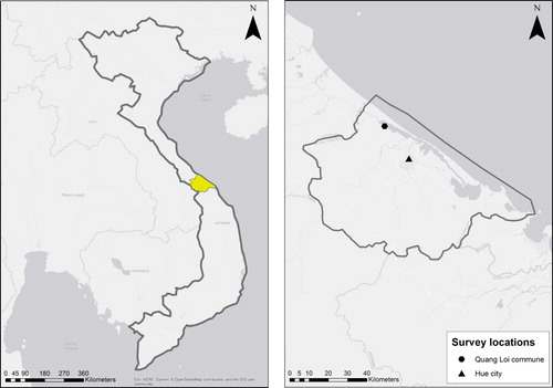 Figure 1. Location of Thua Thien Hue Province within Vietnam (left, yellow) and location of the survey sites within the province of Thua Thien Hue Province (right, study sites marked via solid shapes).