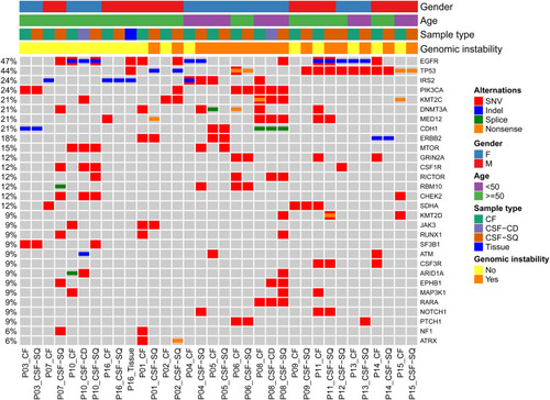 Figure 1 The blood and cerebrospinal fluid of 15 meningeal metastasis patients and 1 brain parenchymal metastasis patient were detected by a panel of 543 cancer-related genes. Heatmap displayed gene mutations in CSF and blood of these patients.